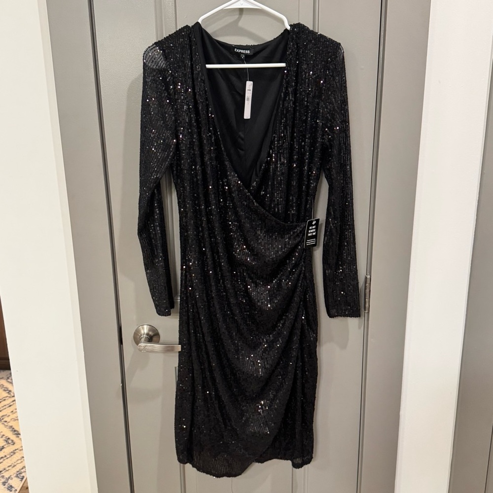 Express Black Sequin Ruched Wrap Dress